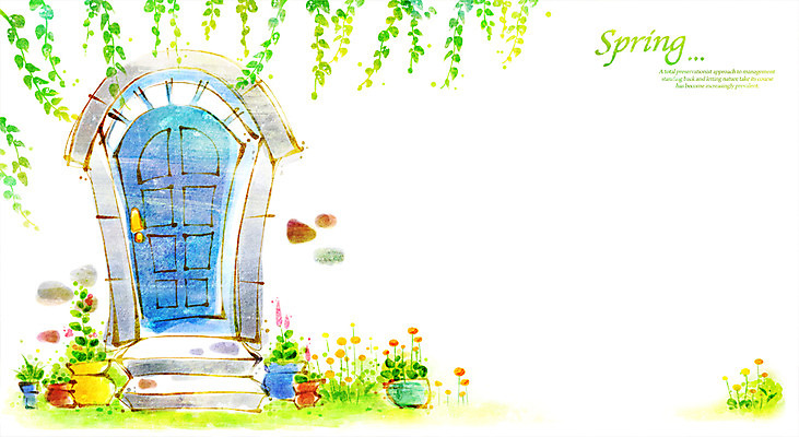 PSD 나무 식물 계절 꽃 화분 백그라운드 잎 일러스트 나뭇잎 출입구 따뜻함 풍경 사람없음 문 정원 봄 현관문 봄배경 국내일러스트 파일형식