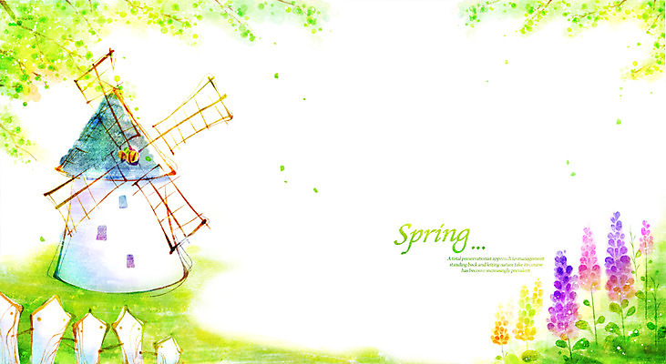 PSD 나무 식물 계절 꽃 백그라운드 잎 꽃밭 일러스트 따뜻함 풍경 사람없음 울타리 봄 풍차 나뭇가지 풍력에너지 봄배경 국내일러스트 담장 그린에너지 파일형식