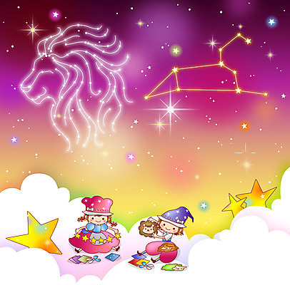 구름 여자 남자 별 종이 어린이 백그라운드 일러스트 밤하늘 미소 웃음 사람 소녀 소년 두명 별자리 사자 색종이 사자자리 어린이만 국내일러스트 AI파일 자연요소 포유류 하늘 표정 야간 파일형식 벡터