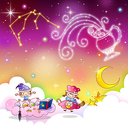 구름 여자 남자 별 어린이 백그라운드 일러스트 우산 밤하늘 미소 웃음 사람 소녀 소년 두명 책 별자리 달 항아리 병 초승달 빗자루 물병 물병자리 어린이만 국내일러스트 AI파일 자연요소 식기 하늘 표정 도자기 야간 청소도구 물통 파일형식 벡터