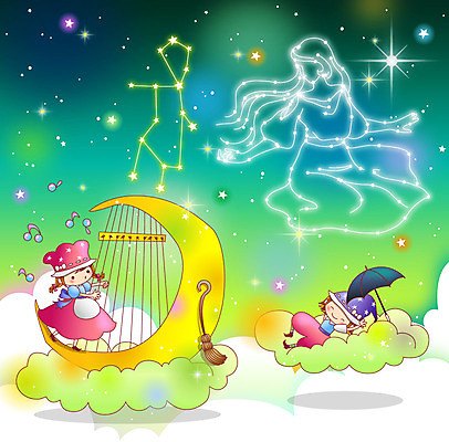 구름 여자 남자 별 어린이 악기 음악 백그라운드 연주 일러스트 우산 밤하늘 현악기 미소 웃음 사람 소녀 소년 두명 별자리 음악감상 감상 달 초승달 빗자루 하프 처녀자리 어린이만 국내일러스트 AI파일 자연요소 하늘 문화예술 표정 야간 청소도구 파일형식 벡터