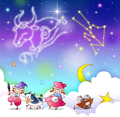 동물 구름 여자 남자 별 어린이 백그라운드 일러스트 우산 포유류 밤하늘 미소 웃음 사람 소녀 소년 두명 수레 별자리 우유 달 소 초승달 젖소 황소 황소자리 우유통 어린이만 국내일러스트 AI파일 자연요소 하늘 유제품 표정 카트 야간 파일형식 벡터