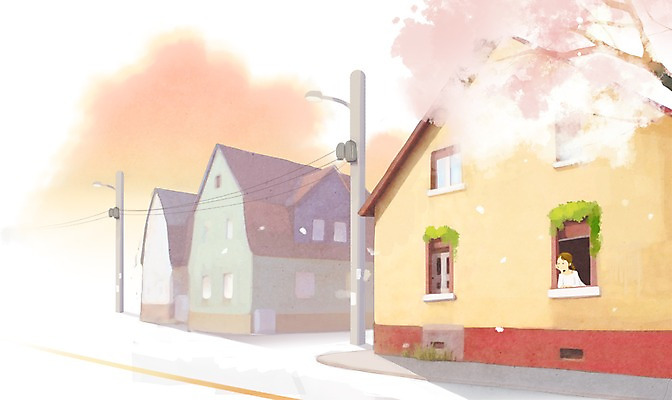 PSD 나무 식물 구름 여자 백그라운드 일러스트 창문 하늘 주택 한명 사람 상반신 성인 건물 벚나무 전봇대 도보 여자만 여자한명만 성인여자만 성인만 국내일러스트 자연요소 1 건축물 공공시설 벚꽃 파일형식