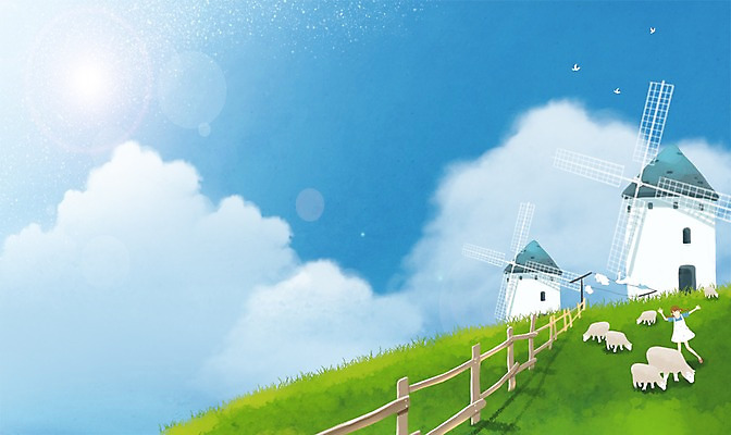 전신 PSD 동물 구름 여자 백그라운드 일러스트 조류 하늘 한명 서기 사람 초원 성인 울타리 가축 목초지 목장 풍차 양 양떼 양떼목장 여자만 여자한명만 성인여자만 성인만 국내일러스트 자연요소 1 포유류 모션 담장 파일형식 초원_자연