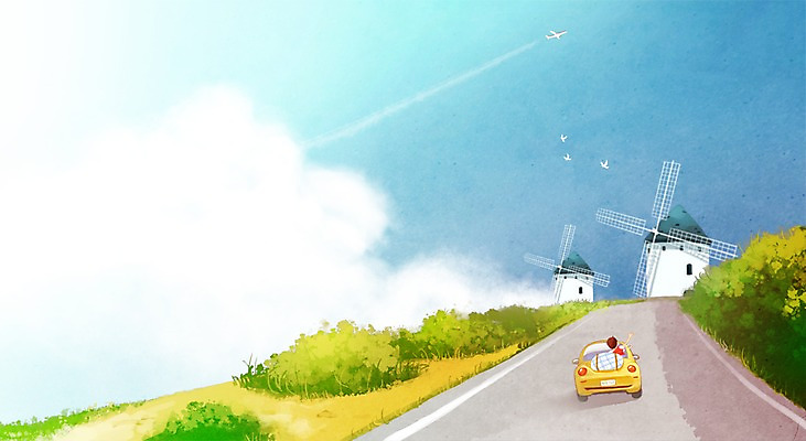 PSD 나무 식물 동물 구름 도로 길 여행 백그라운드 일러스트 자동차 조류 하늘 거리 비행기 사람없음 차도 풍차 숲속 숲 국내일러스트 자연요소 육상교통 항공교통 교통시설 대중교통 파일형식