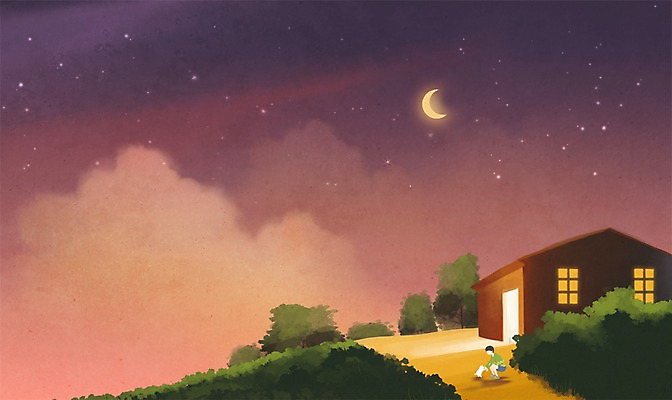 전신 PSD 나무 식물 동물 구름 남자 반려견 어린이 백그라운드 일러스트 하늘 주택 한명 사람 앉기 건물 반려동물 달 개 강아지 저녁 숲 초승달 남자한명만 어린이만 국내일러스트 자연요소 1 건축물 포유류 모션 야간 남자만 파일형식