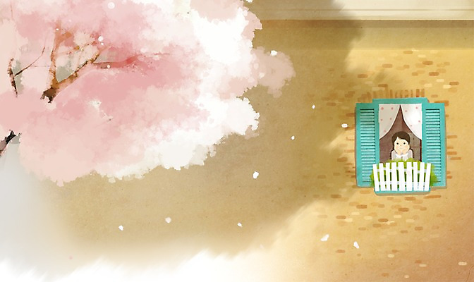 PSD 나무 식물 여자 어린이 벽 백그라운드 일러스트 창문 주택 한명 사람 소녀 상반신 커튼 벚나무 여자만 여자한명만 어린이만 소녀만 소녀한명만 국내일러스트 1 건물 벚꽃 파일형식