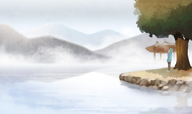 전신 PSD 나무 식물 응시 여자 호수 백그라운드 일러스트 산 한명 서기 사람 성인 안개 연못 정자 여자만 여자한명만 성인여자만 성인만 국내일러스트 1 건축물 시선 모션 날씨 파일형식