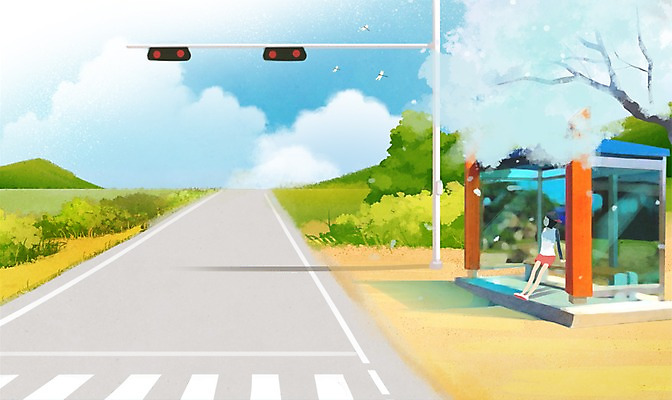 전신 PSD 나무 식물 동물 구름 여자 도로 길 곤충 백그라운드 일러스트 하늘 산 거리 한명 사람 앉기 성인 차도 횡단보도 역 버스정류장 잠자리 숲 신호등 신호 여자만 여자한명만 성인여자만 성인만 국내일러스트 자연요소 1 교통시설 모션 보행로 파일형식