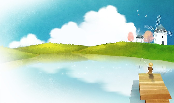 PSD 나무 식물 동물 구름 남자 호수 백그라운드 일러스트 조류 하늘 낚시 한명 사람 앉기 성인 풍차 벚나무 낚싯대 낚시터 풍차집 남자한명만 성인남자만 국내일러스트 자연요소 1 모션 레저 벚꽃 낚시용품 남자만 성인만 파일형식