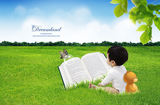 전신 PSD 나무 식물 동물 구름 편집이미지 교육 나비 곤충 잎 곰 하늘 나뭇잎 한명 사람 앉기 잔디 초원 책 독서 곰인형 물방울 아기 풀 공기방울 아기만 이미지편집 자연요소 1 인형 포유류 모션 파일형식