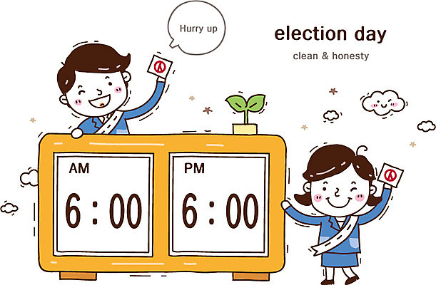 전신 식물 구름 여자 남자 캠페인 시계 일러스트 서기 미소 웃음 사람 상반신 성인 두명 새싹 시간 사회 투표 선거 민주주의 사회이슈 투표용지 선거일 성인만 국내일러스트 AI파일 자연요소 컨셉 모션 표정 공동체 파일형식 벡터