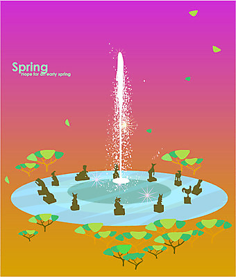 나무 식물 사계절 계절 백그라운드 일러스트 풍경 사람없음 관광지 봄 분수 분수대 분수_분수대 봄배경 국내일러스트 AI파일 여행 파일형식 벡터