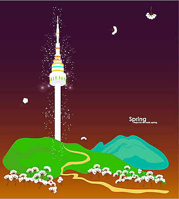 식물 계절 꽃 백그라운드 일러스트 사람없음 관광지 축제 봄 벚꽃 남산 남산타워 국내여행 봄배경 국내일러스트 AI파일 여행 서울 랜드마크 파일형식 벡터