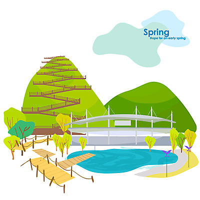 나무 식물 구름 사계절 계절 공원 호수 백그라운드 일러스트 풍경 사람없음 관광지 계단 봄 연못 봄배경 국내일러스트 AI파일 자연요소 공공시설 여행 파일형식 벡터