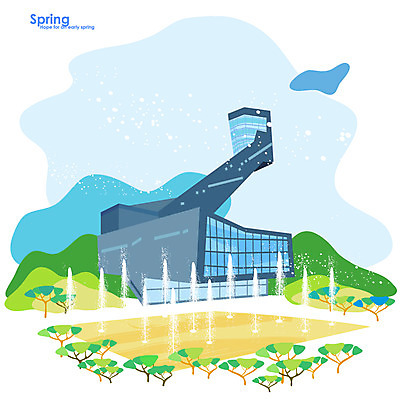 나무 식물 건축물 사계절 계절 백그라운드 일러스트 풍경 사람없음 건물 관광지 봄 분수 분수대 분수_분수대 봄배경 국내일러스트 AI파일 건축 여행 파일형식 벡터