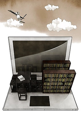 PSD 구름 의자 일러스트 통신 탁자 책장 정보기술 사람없음 책 노트북 컴퓨터 인공위성 정보 도서관 스마트 책상 서랍장 편리함 국내일러스트 자연요소 교육 가구 컨셉 기술 전자제품 파일형식