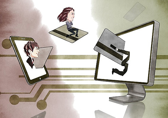 전신 PSD 여자 남자 일러스트 통신 정보기술 사람 앉기 20대 성인 두명 컴퓨터 태블릿 스크린 모니터 터치 정보 신용카드 회로판 스마트 편리함 전기회로 청년만 성인만 국내일러스트 컨셉 모션 기술 청년 금융 전자제품 스마트기기 파일형식