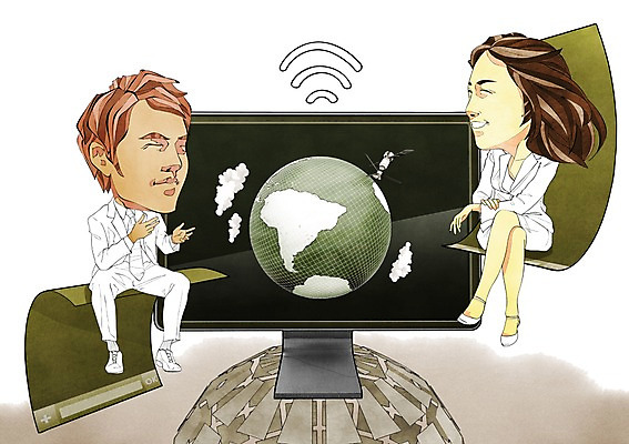 전신 PSD 여자 남자 일러스트 통신 정보기술 대화 미소 웃음 사람 앉기 20대 성인 두명 지구본 모니터 인공위성 정보 스마트 와이파이 지구촌 편리함 메신저 청년만 성인만 국내일러스트 컨셉 모션 기술 표정 말하기 청년 컴퓨터 무선인터넷 파일형식