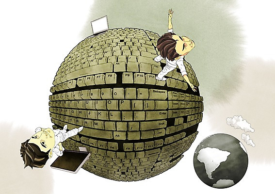 전신 PSD 남자 일러스트 비즈니스 통신 정보기술 서기 사람 20대 성인 두명 지구본 모니터 정보 구 키보드 비즈니스맨 원형 스마트 편리함 남자만 성인남자만 청년만 청년남자만 성인만 국내일러스트 도형 컨셉 모션 기술 청년 컴퓨터 직장인 파일형식