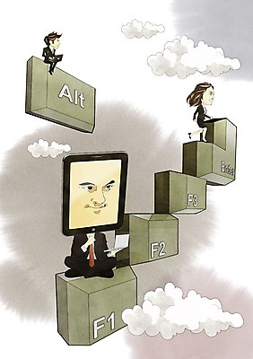 전신 PSD 구름 여자 남자 일러스트 비즈니스 통신 정보기술 서기 사람 앉기 정장 20대 성인 세명 모니터 정보 키보드 비즈니스맨 비즈니스우먼 스마트 편리함 청년만 성인만 국내일러스트 자연요소 옷 컨셉 모션 기술 청년 컴퓨터 직장인 파일형식