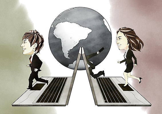 전신 PSD 여자 남자 일러스트 비즈니스 통신 정보기술 서기 사람 정장 20대 성인 두명 노트북 컴퓨터 지구본 정보 비즈니스맨 비즈니스우먼 스마트 편리함 청년만 성인만 국내일러스트 옷 컨셉 모션 기술 청년 전자제품 직장인 파일형식