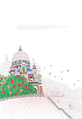 PSD 나무 식물 해외 건축물 사계절 계절 건축 해외여행 여행 백그라운드 일러스트 풍경 여러명 건물 관광지 계단 봄 프랑스 세계여행 세계명소 몽마르트르 봄배경 국내일러스트 유럽 다수 사람 세계 파일형식