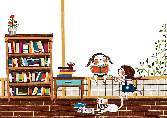 전신 PSD 식물 동물 여자 어린이교육 교육 꽃 화분 어린이 백그라운드 잎 일러스트 포유류 난간 책장 서기 미소 웃음 사람 앉기 소녀 두명 책 친구 반려동물 독서 고양이 마루 서랍장 여자만 어린이만 소녀만 국내일러스트 가구 관계 모션 바닥 표정 파일형식