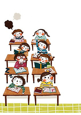 PSD 여자 어린이교육 교육 남자 어린이 백그라운드 일러스트 교실 학교 수업 미소 웃음 사람 앉기 소녀 소년 여러명 상반신 책 친구 책상 학급 어린이만 국내일러스트 가구 다수 관계 모션 표정 파일형식