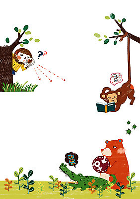 PSD 나무 식물 동물 여자 어린이교육 교육 어린이 백그라운드 잎 일러스트 곰 포유류 파충류 돋보기 한명 미소 웃음 사람 소녀 잔디 책 원숭이 관찰 풀 관측 악어 여자만 여자한명만 어린이만 소녀만 소녀한명만 국내일러스트 1 모션 표정 파일형식