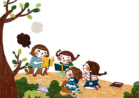 전신 PSD 나무 식물 여자 어린이교육 교육 남자 어린이 백그라운드 일러스트 미소 웃음 사람 앉기 소녀 소년 여러명 책 친구 독서 숲속 숲 논술 어린이만 국내일러스트 다수 관계 모션 표정 파일형식