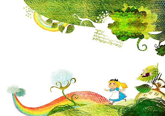 전신 PSD 식물 동물 구름 여자 어린이 시계 무지개 잎 일러스트 상상 상상일러스트 한명 서기 미소 웃음 사람 소녀 판타지 토끼 덩굴 여자만 여자한명만 어린이만 소녀만 소녀한명만 국내일러스트 자연요소 1 포유류 모션 표정 반려동물 파일형식