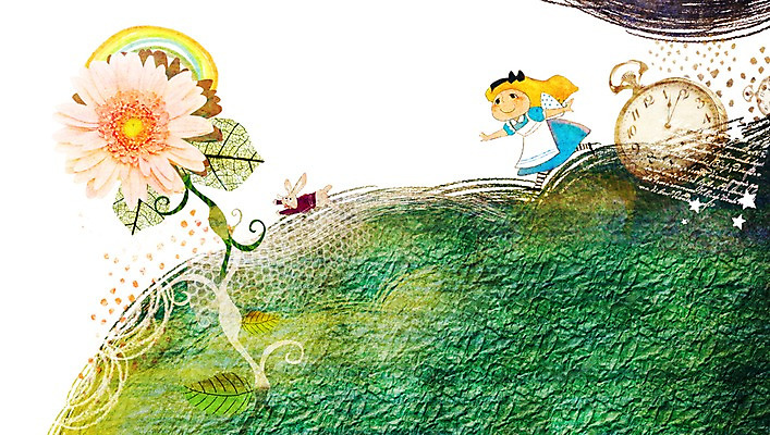 전신 PSD 식물 동물 여자 꽃 어린이 시계 무지개 잎 일러스트 상상 상상일러스트 한명 서기 미소 웃음 사람 소녀 초원 판타지 토끼 여자만 여자한명만 어린이만 소녀만 소녀한명만 국내일러스트 자연요소 1 포유류 모션 표정 반려동물 파일형식