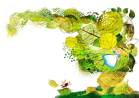 PSD 나무 식물 동물 여자 어린이 잎 일러스트 상상 상상일러스트 한명 사람 소녀 판타지 눕기 눈감음 토끼 잠 수면 낮잠 여자만 여자한명만 어린이만 소녀만 소녀한명만 국내일러스트 1 포유류 모션 물 반려동물 파일형식