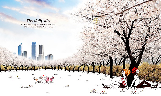 PSD 나무 식물 동물 구름 편집이미지 라이프스타일 커플 여자 남자 꽃 한쌍 백그라운드 데이트 포토일러 하늘 합성일러스트 미소 웃음 사람 풍경 빌딩 성인 두명 건물 라이프 벚꽃 쌍 개 벚나무 성인만 이미지편집 자연요소 건축물 포유류 관계 표정 생활 파일형식