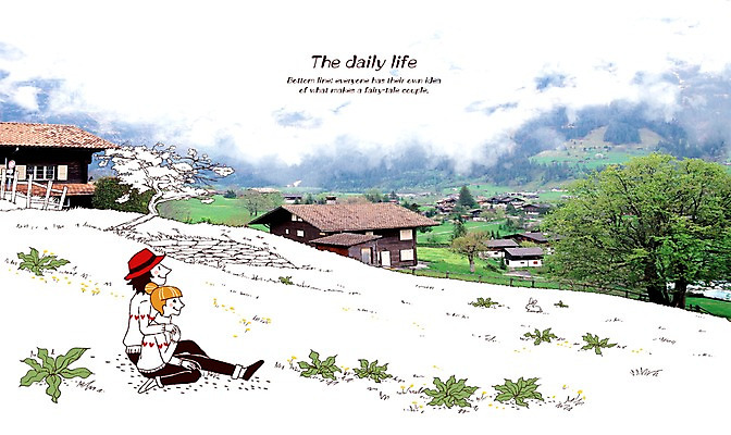 PSD 나무 식물 편집이미지 라이프스타일 커플 여자 남자 한쌍 백그라운드 데이트 포토일러 주택 합성일러스트 미소 웃음 사람 풍경 잔디 초원 성인 두명 라이프 안개 쌍 풀 알프스 성인만 이미지편집 유럽 관계 날씨 표정 건물 생활 파일형식