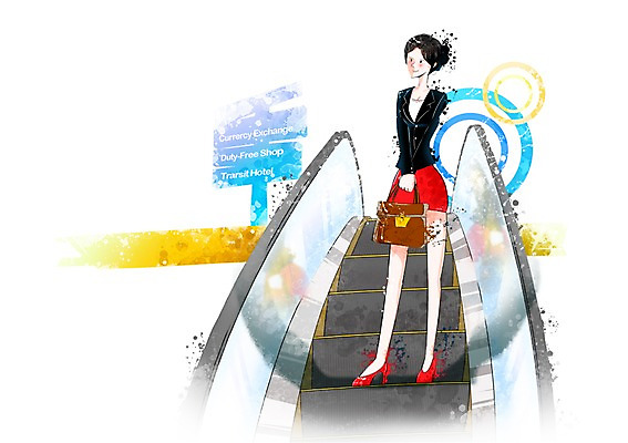 전신 PSD 여자 가방 일러스트 비즈니스 한명 서기 미소 웃음 사람 정장 성인 직장인 비즈니스우먼 공항 에스컬레이터 여자만 여자한명만 성인여자만 성인만 국내일러스트 직업 1 잡화 옷 교통시설 모션 표정 파일형식