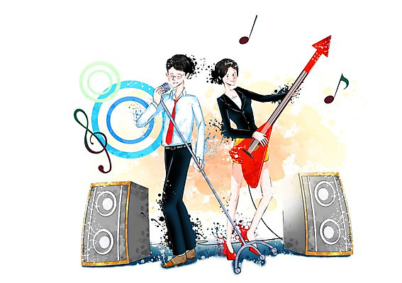 전신 PSD 여자 남자 화살표 음악 연주 음표 일러스트 비즈니스 넥타이 서기 미소 웃음 사람 정장 성인 두명 스피커 기타 직장인 비즈니스맨 비즈니스우먼 밴드 높은음자리표 마이크 상승 성인만 국내일러스트 직업 기호 잡화 옷 음향기기 컨셉 모션 현악기 문화예술 표정 파일형식