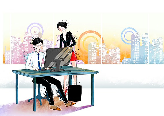 전신 PSD 여자 남자 일러스트 비즈니스 넥타이 서기 미소 웃음 사람 앉기 정장 빌딩 성인 두명 건물 컴퓨터 사무실 모니터 직장인 비즈니스맨 비즈니스우먼 책상 성인만 국내일러스트 직업 건축물 잡화 옷 가구 모션 표정 전자제품 파일형식