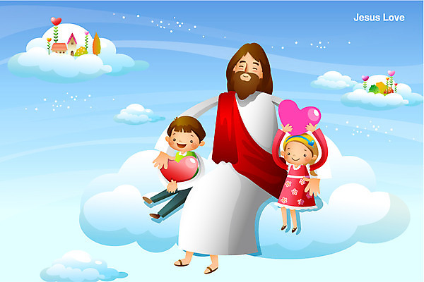 구름 여자 남자 행복 기독교 종교 어린이 백그라운드 일러스트 사랑 미소 웃음 사람 소녀 소년 여러명 성인 믿음 희망 하트 예수 국내일러스트 AI파일 자연요소 모양 감정 다수 표정 신_종교 파일형식 벡터