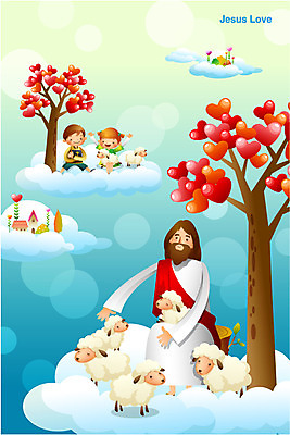 나무 식물 동물 구름 여자 남자 행복 기독교 종교 어린이 백그라운드 일러스트 포유류 미소 웃음 사람 소녀 소년 여러명 성인 믿음 희망 하트 양 예수 양떼 국내일러스트 AI파일 자연요소 모양 감정 다수 표정 신_종교 파일형식 벡터