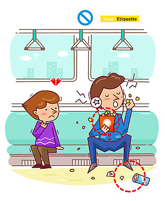 전신 남자 어린이 음식 의자 일러스트 대중교통 손잡이 사람 앉기 소년 성인 두명 예절 찡그림 전철 소음 공공예절 공공장소 매너 남자만 국내일러스트 AI파일 육상교통 교통수단 가구 모션 표정 소리 장소 파일형식 벡터