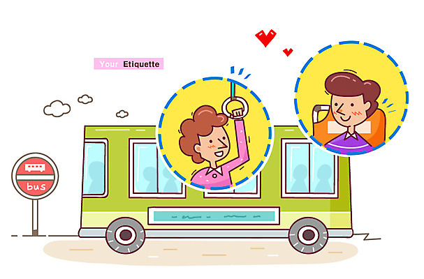 여자 남자 어린이 의자 일러스트 버스 대중교통 손잡이 미소 웃음 사람 소년 성인 두명 예절 공공예절 공공장소 매너 국내일러스트 AI파일 육상교통 교통수단 가구 표정 장소 파일형식 벡터