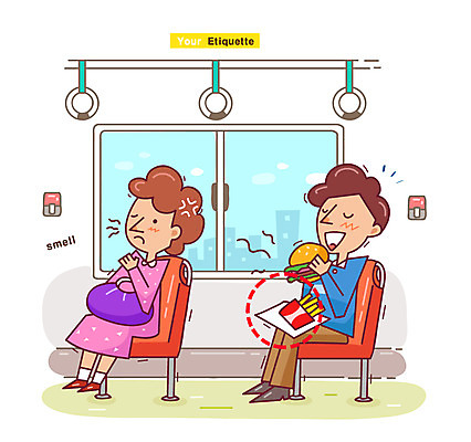 전신 여자 남자 어린이 음식 의자 일러스트 버스 대중교통 손잡이 서기 사람 앉기 소년 성인 두명 예절 찡그림 지저분함 공공예절 공공장소 매너 불쾌함 국내일러스트 AI파일 감정 육상교통 교통수단 가구 모션 표정 장소 감각 파일형식 벡터