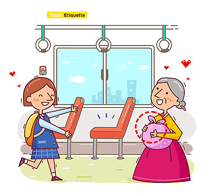 전신 학생 여학생 여자 노년 할머니 의자 일러스트 중학생 고등학생 버스 대중교통 손잡이 서기 미소 웃음 사람 성인 두명 짐 예절 보따리 양보 공공예절 공공장소 매너 노인공경 자리양보 여자만 국내일러스트 AI파일 육상교통 교통수단 가구 모션 청소년 표정 장소 배려 파일형식 벡터