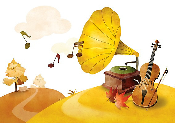 PSD 나무 식물 계절 악기 음악 백그라운드 단풍 낙엽 벤치 의자 음표 일러스트 현악기 풍경 사람없음 가을 바이올린 축음기 가을배경 국내일러스트 기호 음향기기 가구 잎 문화예술 골동품 파일형식 가을_계절