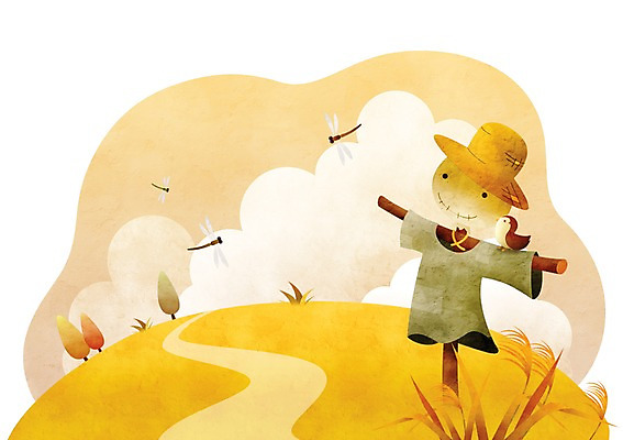 PSD 나무 식물 동물 구름 계절 곤충 백그라운드 일러스트 조류 곡류 풍경 사람없음 벼 가을 잠자리 허수아비 참새 가을배경 국내일러스트 자연요소 농업 파일형식 가을_계절