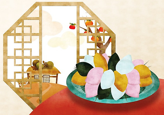 PSD 나무 식물 계절 명절 한식 음식 백그라운드 일러스트 창문 주택 떡 초가집 풍경 사람없음 추석 전통음식 가을 감나무 송편 박 가을배경 국내일러스트 전통 기념일 한옥 감 건물 파일형식 가을_계절