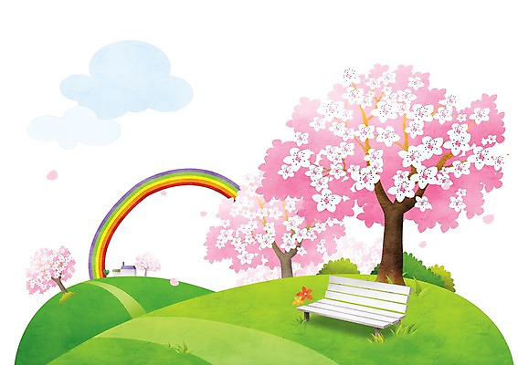 PSD 나무 식물 구름 계절 꽃 백그라운드 무지개 벤치 의자 일러스트 꽃나무 풍경 사람없음 봄 벚꽃 벚나무 언덕 봄배경 국내일러스트 자연요소 가구 파일형식