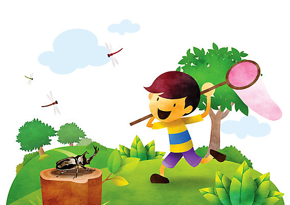 전신 PSD 나무 식물 동물 구름 계절 남자 어린이 백그라운드 잎 일러스트 한명 서기 미소 웃음 사람 풍경 여름 기둥 풀 벌레 잠자리 숲 풍뎅이 언덕 나무기둥 화단 나무밑둥 채집망 남자한명만 어린이만 국내일러스트 자연요소 1 건축 곤충 모션 표정 남자만 파일형식